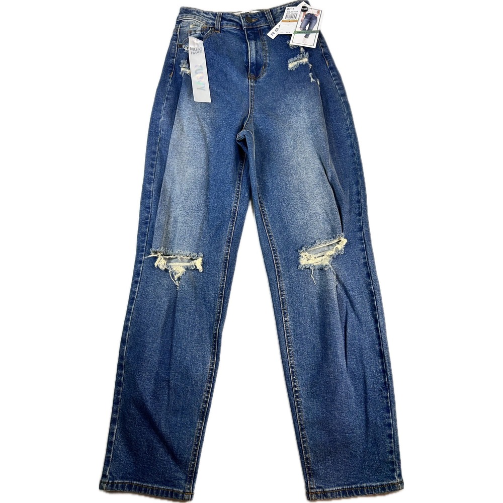 Tinseltown Womens Hi-Waist Loose Mom Jeans Blue Distressed Curvy Size 3/26 NWT
